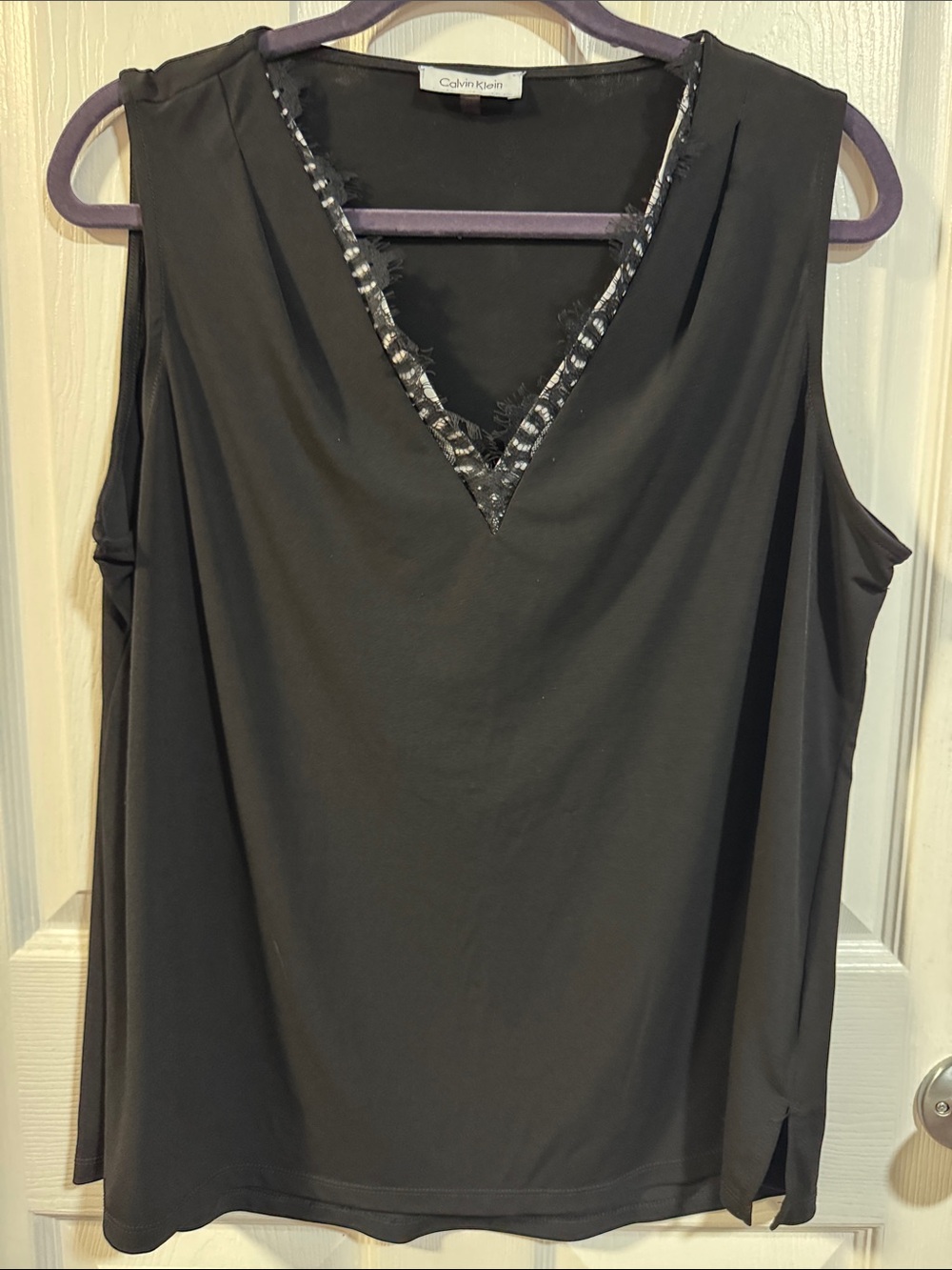 Calvin Klein Black V-Neck Sleeveless Tunic with Lace Trim Detail